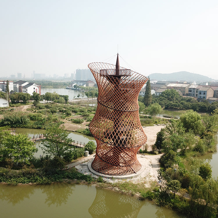 24m Tall Hangzhou Tangqi Light Tower Fish-Basket Shaped Aluminum-Bamboo Decoration