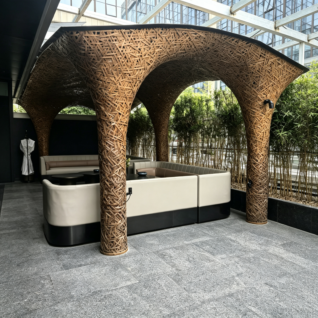 2 Custom Woven Bamboo Pavilions on Rooftop of Hangzhou Yiyang Hotel