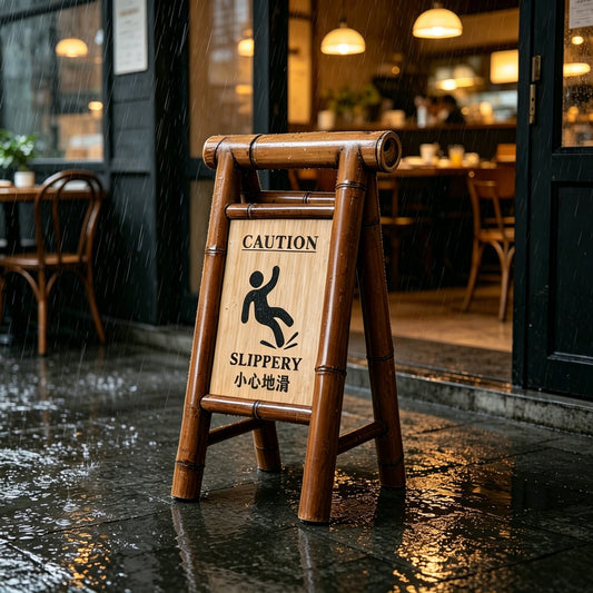 Bamboo A-Frame Folding Caution Sign — Wet Floor Warning
