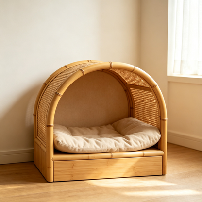 Bamboo Rattan Arched Cat House with Storage Drawer & Cushion