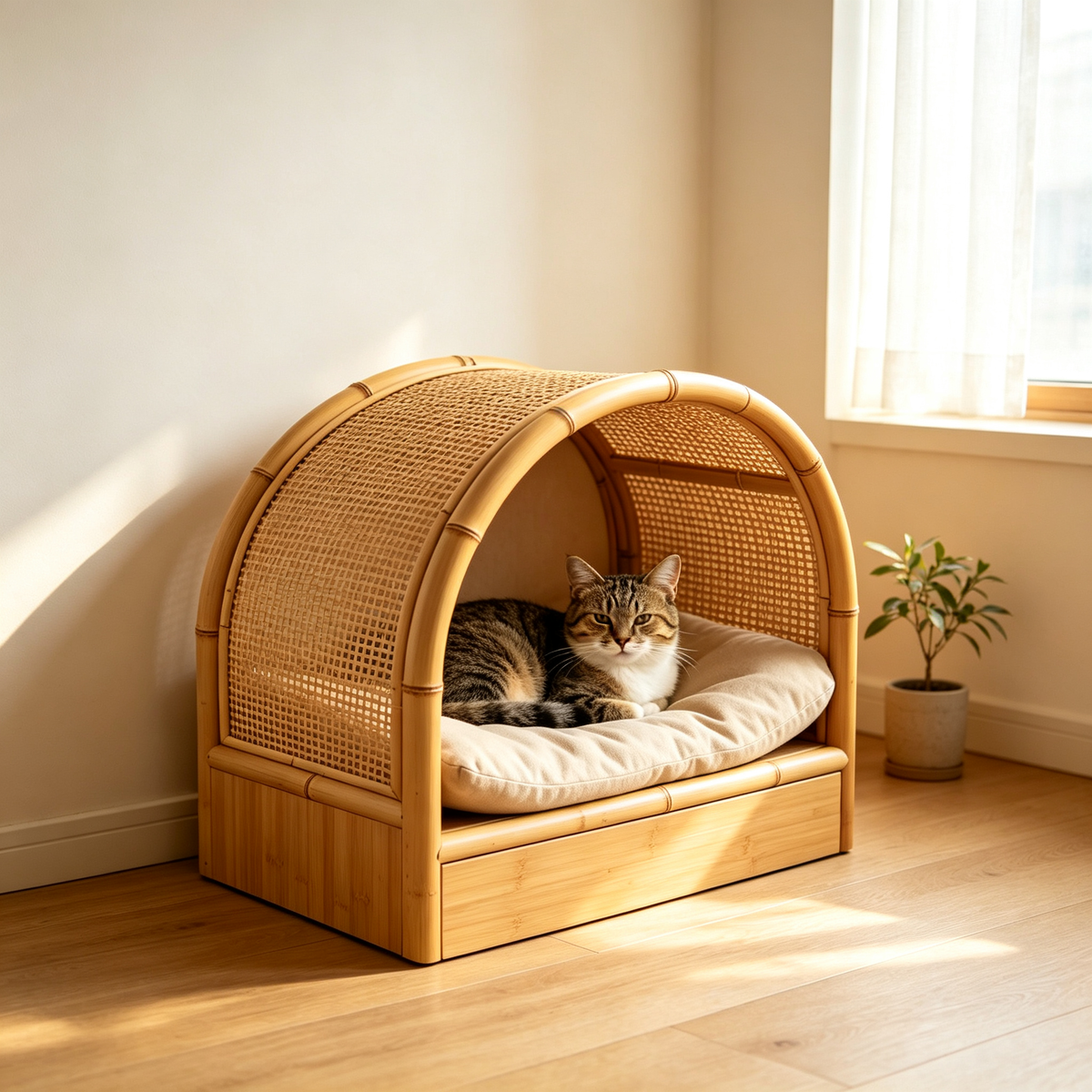 Bamboo Rattan Arched Cat House with Storage Drawer & Cushion