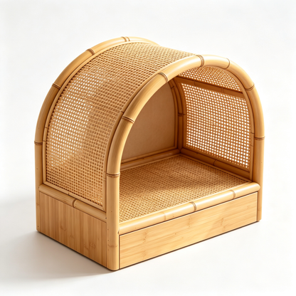 Bamboo Rattan Arched Cat House with Storage Drawer & Cushion
