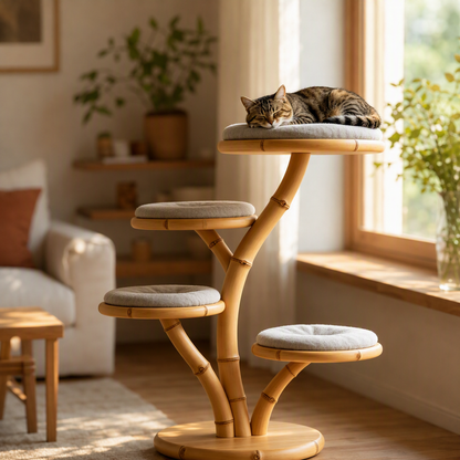 Natural Bamboo Tree‑Shaped Cat Tree, 4‑Level Perch Cat Tower with Soft Cushions