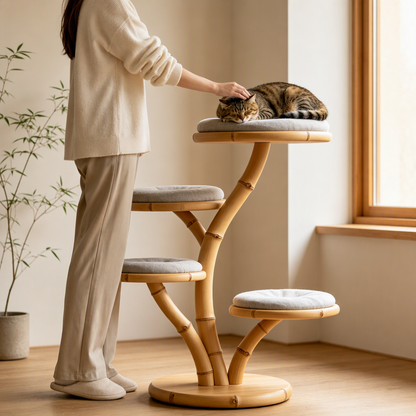 Natural Bamboo Tree‑Shaped Cat Tree, 4‑Level Perch Cat Tower with Soft Cushions