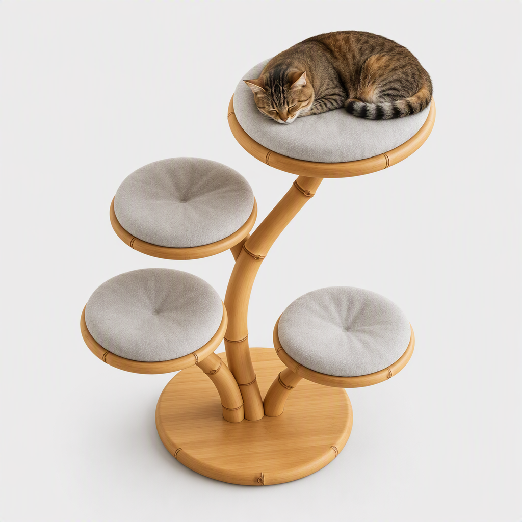 Natural Bamboo Tree‑Shaped Cat Tree, 4‑Level Perch Cat Tower with Soft Cushions