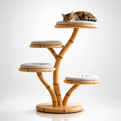 Natural Bamboo Tree‑Shaped Cat Tree, 4‑Level Perch Cat Tower with Soft Cushions