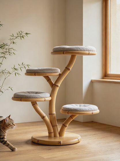 Natural Bamboo Tree‑Shaped Cat Tree, 4‑Level Perch Cat Tower with Soft Cushions